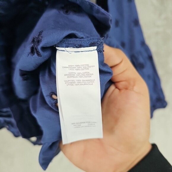 J. Crew Eyelet Lace Top Womens 2 Blue 3/4 Flared Sleeve Ruffled Button Pleated - Picture 7 of 8